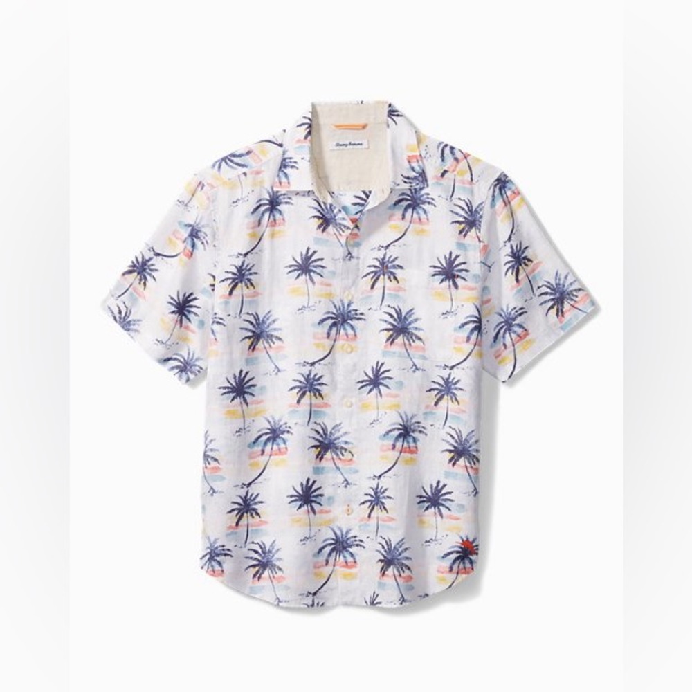 Tommy Bahama mens 4XLB Big sunset palm tree print 100% linen button up shirt EUC
